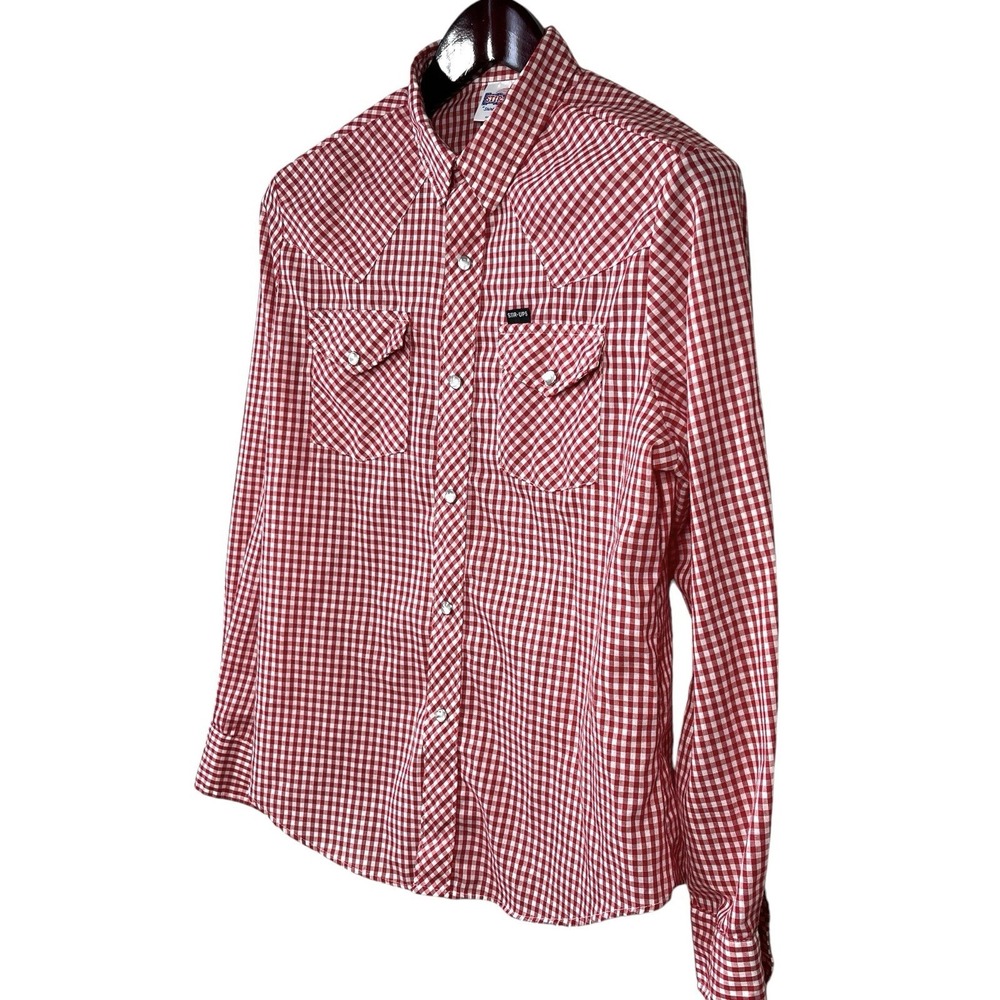 Vintage Stir-Ups Pearl Snap Shirt Mens S Red Gingham Cowboy Rodeo 60s Americana - Picture 5 of 7